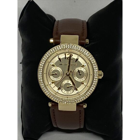 Michael Kors MK6351 Women's Brown Leather Analog Gold Dial Quartz Watch WO659 - Picture 1 of 12